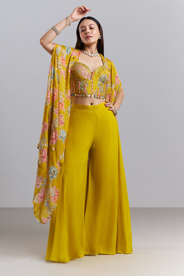 Mustard Yellow Embellished Bralette Palazzo Set with Floral Printed Cape