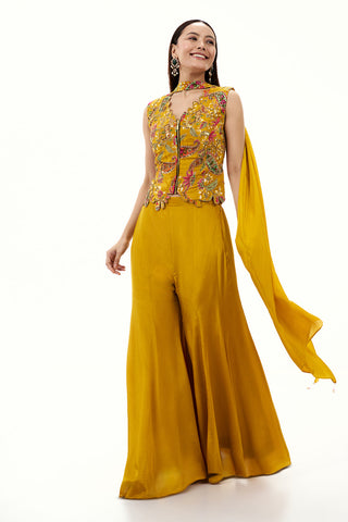 Mustard Yellow Satin Crepe Palazzo Suit with Sequin and Zari Work