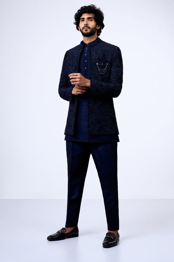 Navy Blue Art Silk Paisley Embellished Jacket Set