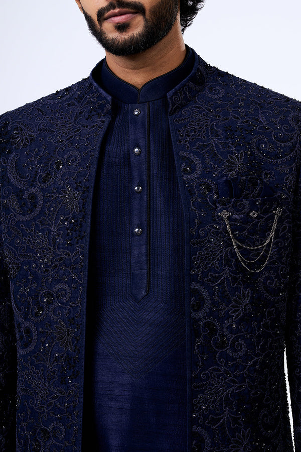 Navy Blue Art Silk Paisley Embellished Jacket Set