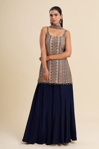 Navy Blue Crepe Kurta Set with Aari Embroidery