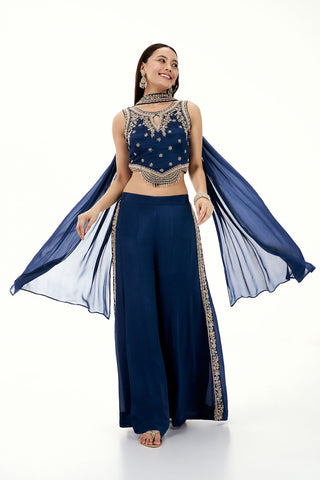 Navy Blue Crepe Palazzo Set with Embroidered Crop Top and Zardosi Work