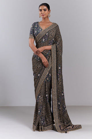 Navy Blue Georgette Embellished Saree And Stitched Blouse