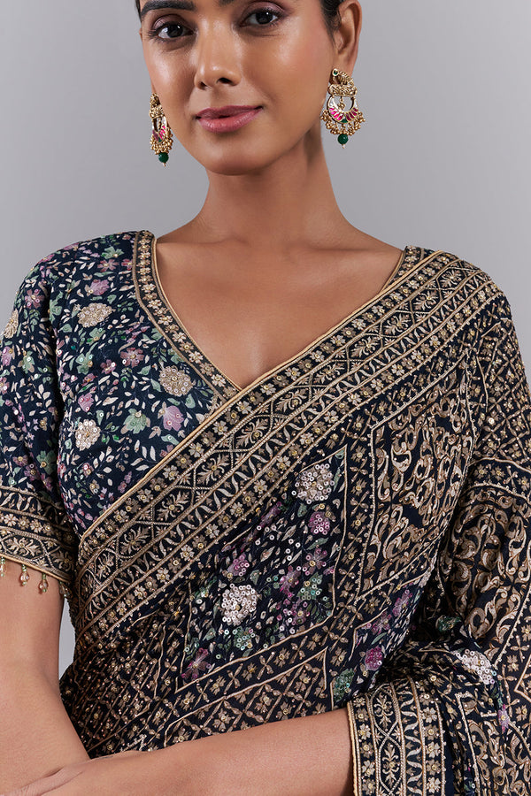 Navy Blue Georgette Embellished Saree And Stitched Blouse
