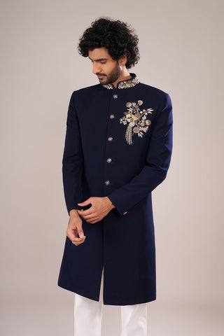 Navy Blue Men's Embroidered Indo-Western Sherwani
