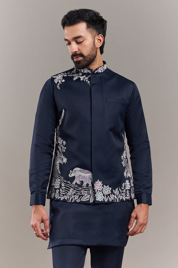 Navy Blue Nokia Silk Floral Border Men's Kurta with Jacket