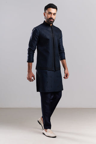 Navy Blue Nokia Silk Men's Kurta Set with Sequin-Detailed Jacket