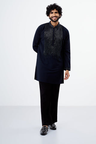 Navy Blue Polyester Cotton Sequins Work Men's Kurta Set