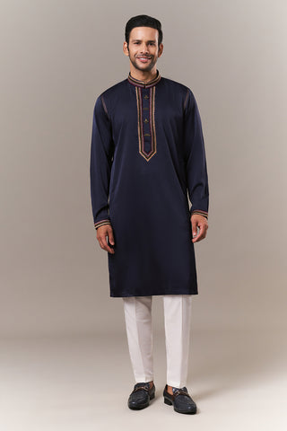 Navy Blue Satin Mens Kurta Set with Thread Work