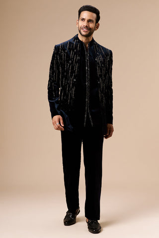 Navy Blue Velvet Mens Indo Western with Geometric Cut Dana and Bead Work