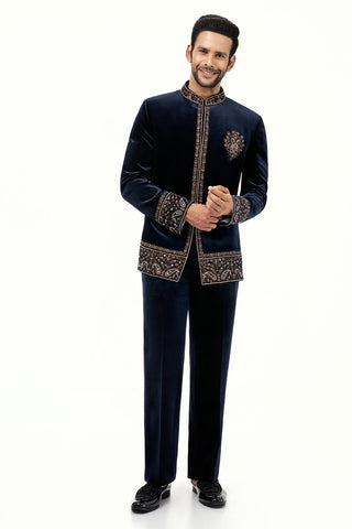 Navy Blue Velvet Mens Jodhpuri Set with Resham and Zari Work