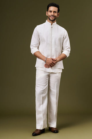 Off White Linen Bundi Set with Sequin and Resham Work