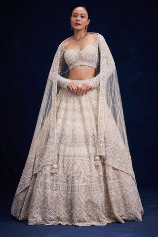 Off-White Net Bridal Lehenga with Pearl and Cutdana Work