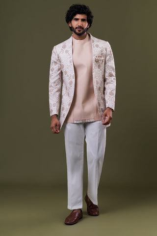 Off White Net Floral Cut Dana Embellished Jacket Set