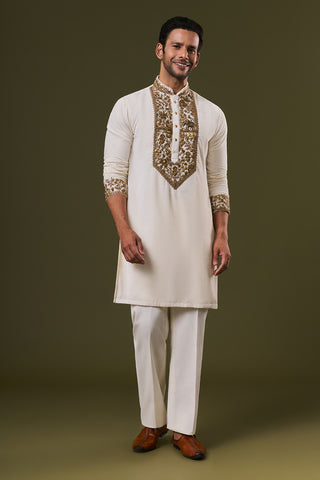 Off White Velvet Mens Kurta Set with Sequins Embroidery
