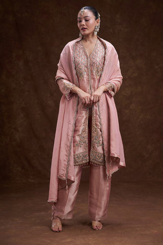 Old Rose Pink Front Open Jacket Set with Intricate Beads Work