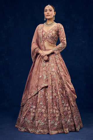 Old Rose Pink Net Lehenga with Cutdana and Resham Handwork