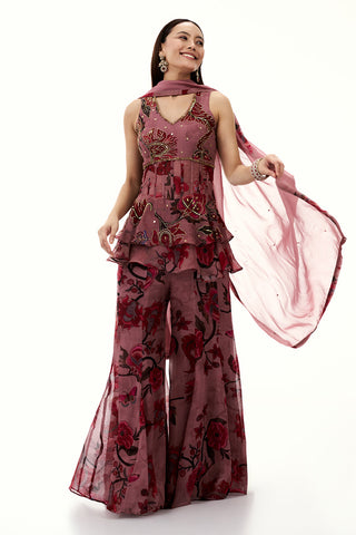 Old Rose Pink Organza Peplum Sharara Suit with Mirror and Cutdana Work