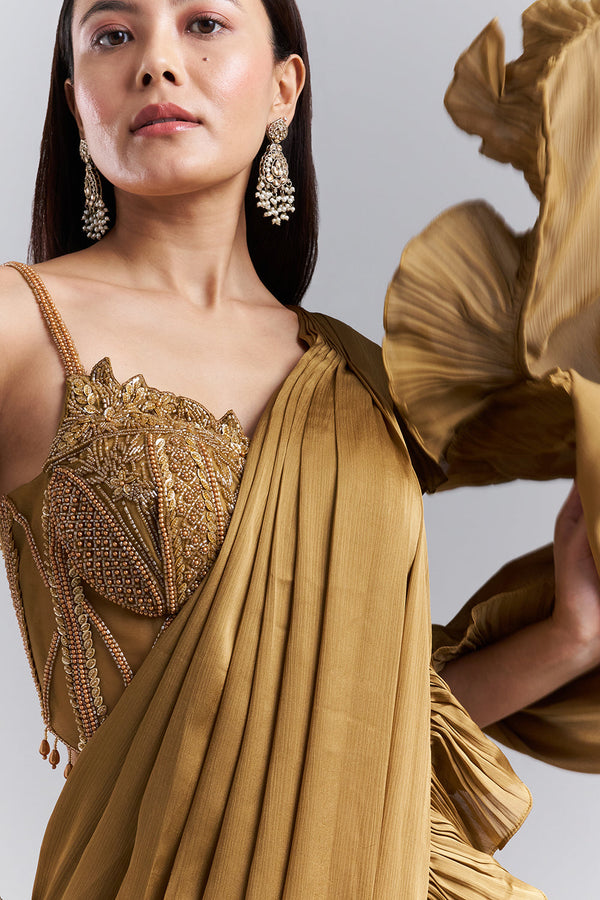 Olive Gold Ruffle Border Saree