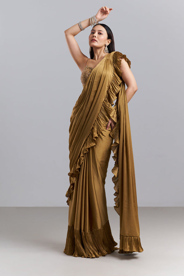 Olive Gold Ruffle Border Saree