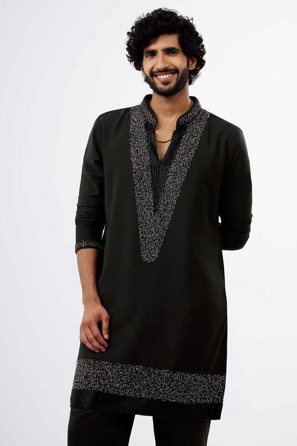 Olive Green Sequins & Cut Dana Polyester Cotton Men's Kurta Set