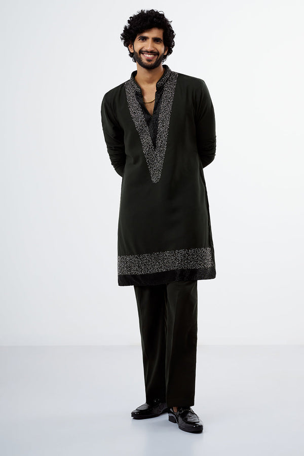 Olive Green Sequins & Cut Dana Polyester Cotton Men's Kurta Set