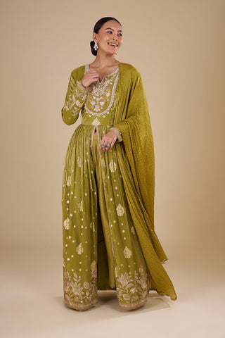 Olive Green Silk Blend Anarkali Set