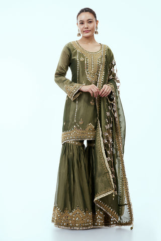 Olive Green Tissue Sharara Set with Mirror Work