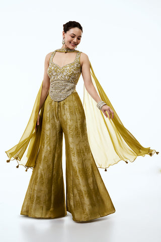 Olive Yellow Tissue Indo Western Set with Sequins and Cutdana Work