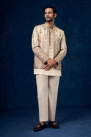 Ombre Beige Raw Silk Mens Jodhpuri Set with Resham and Zari Work