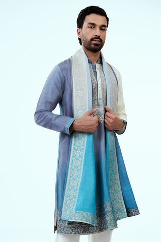 Ombre Firozi Dupion Silk Mens Kurta Set with Intricate Zari Embroidery