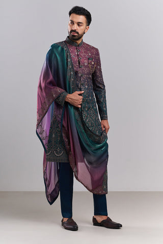 Ombré Green Tissue Silk Embroidered Sherwani