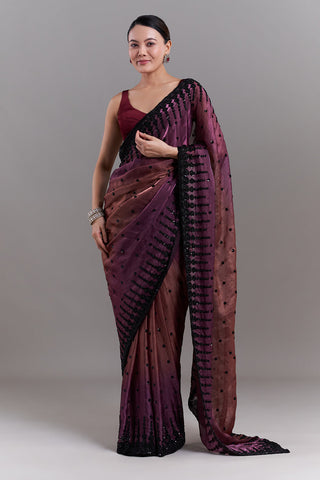 Ombré Purple and Copper Shimmer Satin Organza Embellished Saree and Stitched Blouse