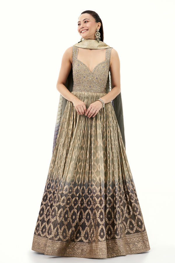 Ombre Silver Grey Brocade Anarkali Suit with Zari and Cutdana Work