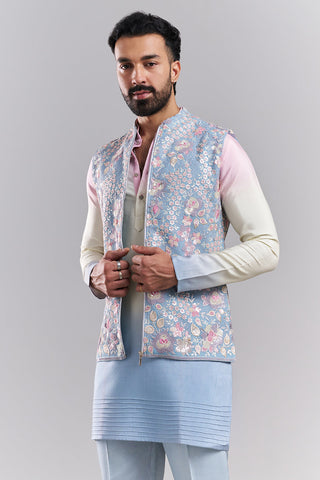 Pastel Blue Linen Satin Men’s Kurta with Embroidered Jacket