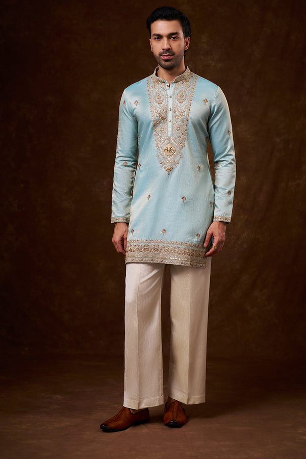 Pastel Blue Tissue Silk Men's Kurta Set with Dori Work