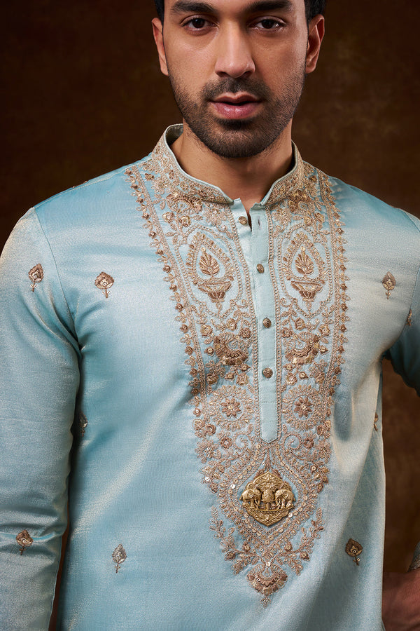 Pastel Blue Tissue Silk Men's Kurta Set with Dori Work