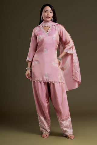 Pastel Pink Tissue Short Kurta Set with Patiala-Style Pants and Resham Embroidery