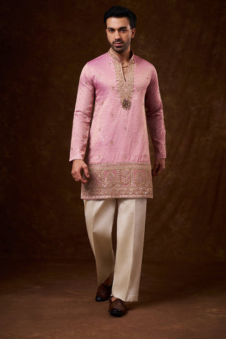 Pastel Pink Tissue Silk Men's Kurta Set with Cutdana Work
