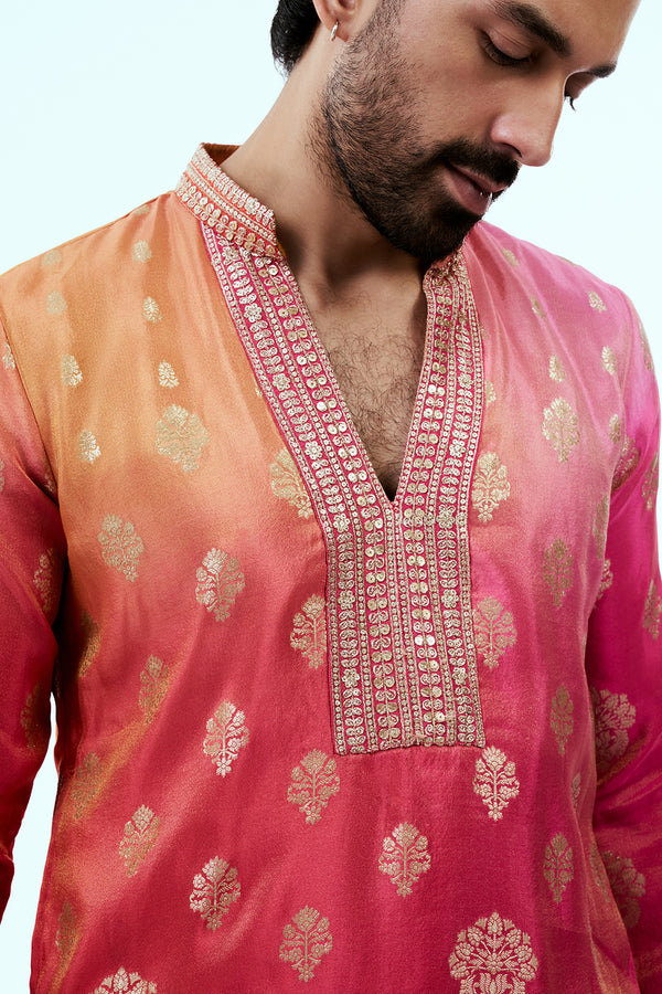 Peach and Pink Ombre Kurta with Golden Floral Buti Motifs
