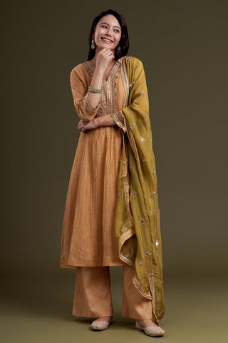 Muted Mustard Chanderi Silk Kurta Set with Olive Mirror-Work Dupatta