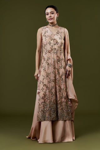 Peach Shimmer Tissue Palazzo Suits With Resham and Cutdana Work