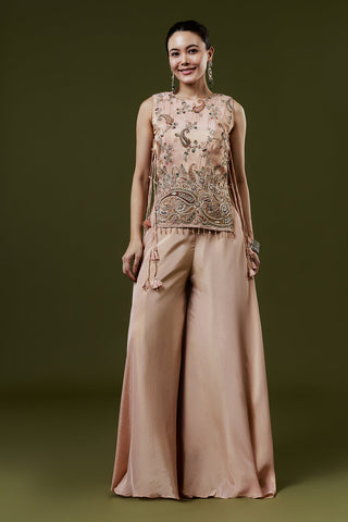 Peach Shimmer Tissue Palazzo Suits With Sequins and Cutdana Work