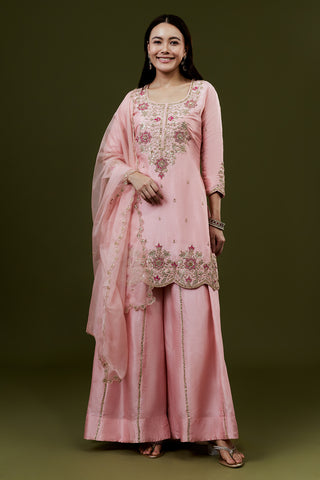 Pink Art Silk Palazzo Suit Set with Zardosi Work