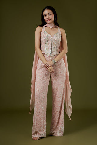 Pink Georgette Lucknowi Palazzo Set with Mirror Work