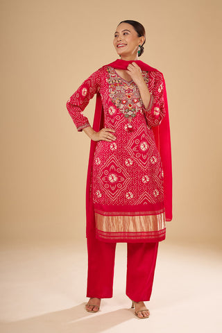 Pink Modal Silk Bandhani Printed Kurta Set featuring 3D Resham Floral Work