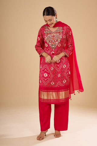 Pink Modal Silk Bandhani Printed Kurta Set featuring 3D Resham Floral Work