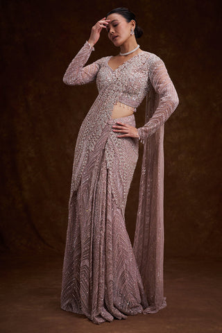 Pink Net Indo-Western Saree with Cutdana, Sequins, and Bead Work