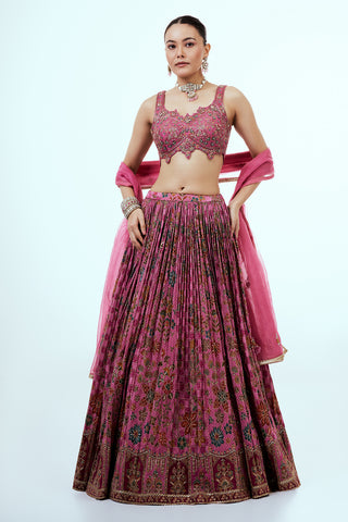 Pink Printed Art Silk Lehenga with Zari Embroidery