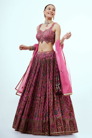 Pink Printed Art Silk Lehenga with Zari Embroidery